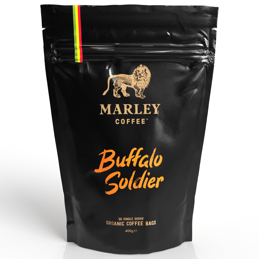 Marley Coffee Buffalo Soldier Dark Roast Coffee Bags, from the Family of Bob Marley