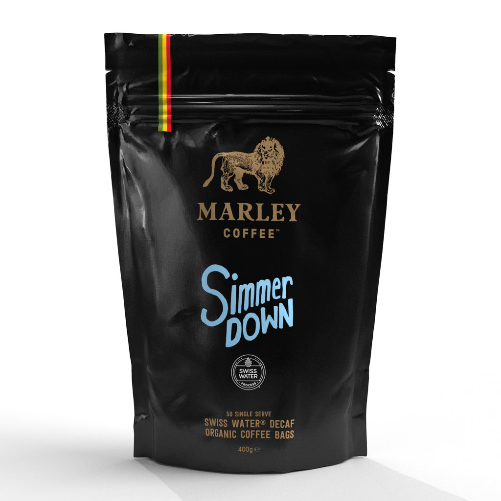 Marley Coffee Simmer Down Decaf Medium Roast Coffee Bags, Swiss Water Decaf Process, from the Family of Bob Marley